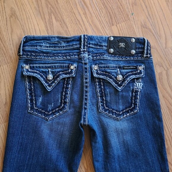 MISS ME HEAVY STITCH EMBELLISHED LOW RISE BOOT CUT JEANS STRETCH DENIM sz 28 - Picture 5 of 8